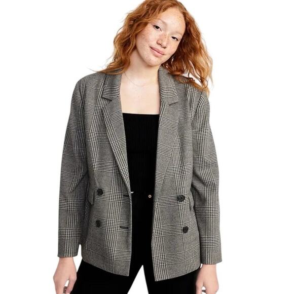 Old Navy Wool-like Double Breasted Blazer Women M Plaid Houndstooth Gray Office - Picture 2 of 16